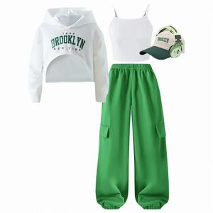 Ensemble de vêtements pour filles tendance, 3 pièces, <span class=keywords><strong>costume</strong></span> de sport vert en toile, camisole à manches longues à capuche et pantalon à poches, taille 14 ans - Product Image 5