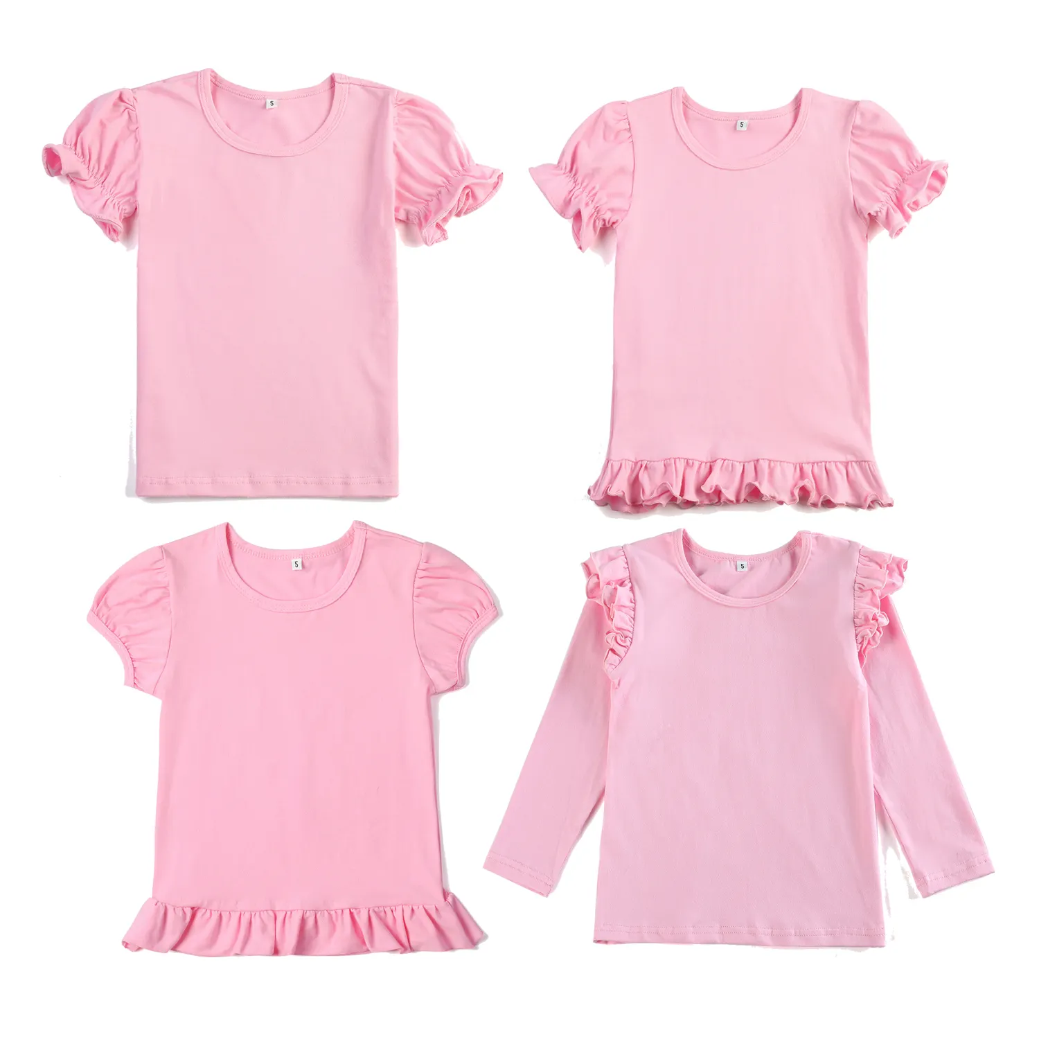 Boutique 100% gekämmte Baumwolle Sommer Kurzarm leer rosa Farbe Mädchen Rüschen T-Shirts