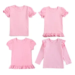 boutique 100% combed cotton summer short sleeve blank pink color girls ruffle t shirts