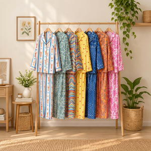 Ensemble de pyjama décontracté pour femme en coton tricoté 100 % respirant à motif floral, bordure festonnée, doux et confortable pour l'automne, avec logo frontal, coupe classique - Product Image 1