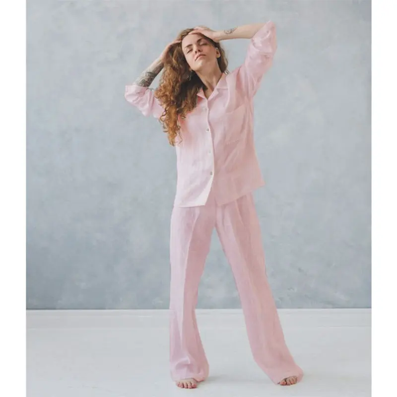 Sustainable Wholesale Casual Linen Cotton Women Sleepwear Sets Linen Lounge Wear Ladies Pajamas