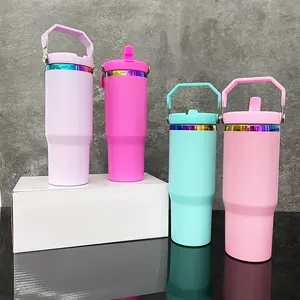 30 Oz Laser Engrave Rainbow Tumbler With Flip Straw And Top Handle 30 Oz Rainbow Underneath Water Bottle With Handle And Straw