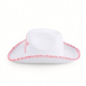 Chapeau de cowboy blanc avec étoile à paillettes roses, cordon de serrage réglable, unisexe, quatre saisons, logo personnalisé, accessoires de costume de fête - Product Image 5