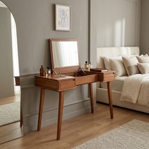 Table de toilette moderne en bois massif teck acajou Sungkai avec miroir rabattable, finition naturelle, mobilier de chambre - Product Image 3
