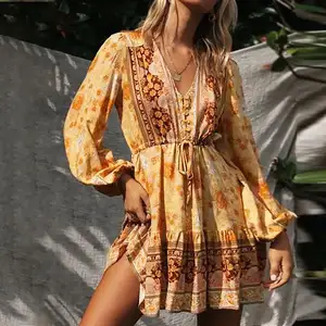 Boho Casual Mini elbise kesilmiş Ruffled kabarık kollu geri oy moda yüksek kaliteli % 100% pamuk standı yaka dantel beyaz