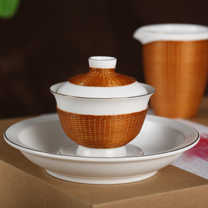 Dehua White Porcelain Bamboo Woven <b>Tea</b> <b>Set</b> With Lid Small Cup Bowl Kung Fu <b>Tea</b> <b>Set</b> For Home Office - Product Image 4
