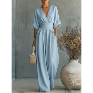 En stock – Nouvelle collection Printemps-Été 2026 – Combinaison élégante à col en V et ceinture à nouer pour femme – Tenue une pièce stylée de style européen et américain - Product Image 1