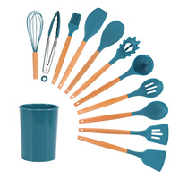 Ensemble d'ustensiles de cuisine en silicone 12 pièces avec manches en bois - Outils de cuisson écologiques