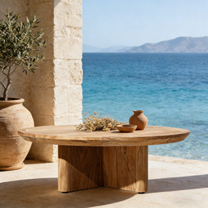 Minimalist Teak Round Coffee Table Close to Ground for Modern Patio <strong>Garden</strong> and Outdoor Lounge <strong>Seating</strong> - Product Image 1