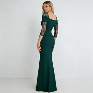 Robes pour femmes Vert émeraude foncé <span class=keywords><strong>D</strong></span>écolleté carré Manches longues en dentelle Ajustées Sirène Élégantes Robes de soirée maxi pour femmes - Product Image 3