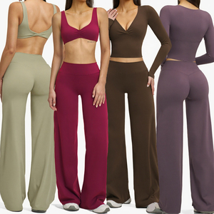 <b>Padded</b> Long Sleeve Deep V <b>Neck</b> Yoga Bra Set Elastic Waist Scrunch Front Twist Back Wide Leg Pants Quick Dry Women 3-Piece - Product Image 3