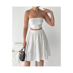 Airobin Women's Elastic Waist Layered Midi <b>Skirt</b> <b>White</b> Flowy <b>Tiered</b> A Line <b>Skirt</b> For Casual Summer Wear - Product Image 4