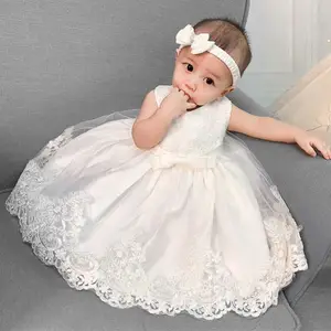 Ceremonies Red Pink Wedding 1st Birthday Party Princess Ball Gown Flower Headband White Christening Baptism Dress for Baby Girls