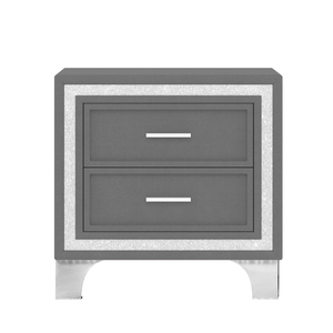 Mid Century Vintage Nightstand With Silver Glitter Strip Metal Legs Velvet <b>Bedside</b> Table 2 Drawers <b>Storage</b> Drawer - Product Image 5