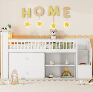 Lit mezzanine moderne réglable pour deux personnes avec étagère LED, tiroirs de rangement et escalier, cadre en bois écologique - Product Image 3