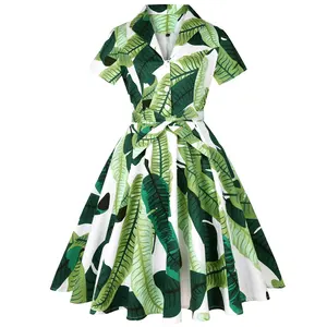 Green Leaf Floral Cotton Pinup Swing Women Dress with Belt 4XL 3XL Plus Size 50s 60s Retro Vintage Dress Costume Party Clothing