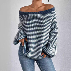 Pull en maille pour femme à épaules dénudées, à rayures contrastées et manches lanternes, mode - Product Image 3