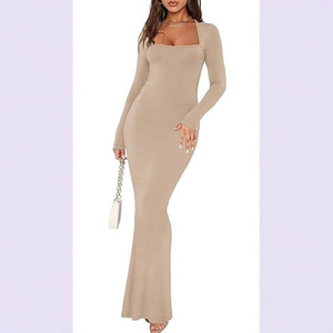 Nuevo Vestido Largo Casual Sexy con Cuello Cuadrado y <span class=keywords><strong>Manga</strong></span> <span class=keywords><strong>Larga</strong></span>, Vestido Largo Ajustado de Cintura Alta con Textura Acanalada en Color Sólido para Otoño - Product Image 5