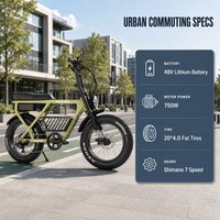 Vélo électrique à pneus larges pour adultes, pour les trajets urbains, cadre en alliage d'aluminium, moteur 750W, batterie 48V, roues larges 20x4.0, vélo de ville