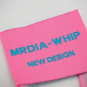 Высококачественная антипилинговая тканая хлопковая этикетка с розовым логотипом на одежду, этикетка с вышивкой на заказ, тканая этикетка для джинсов