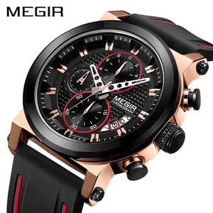 Megir 2100 Ini dengan Harga Murah Rose Gold Jam Tangan Kuarsa Potty Silikon Band Besar Dial Chrono Date Display Outdoor Jam Tangan