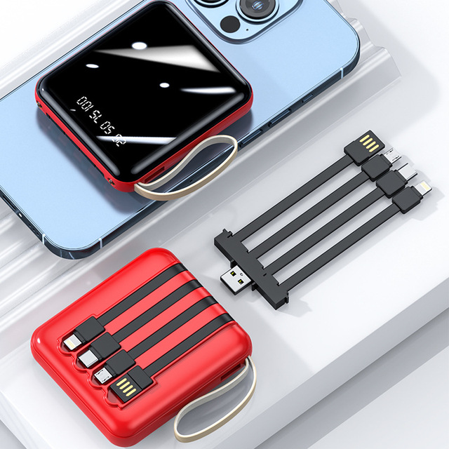 2026 New Arrival Portable Charger Mini Square Power Bank 10000mAh Fast Charging Universal Powerbank Built-in Cables LED Light