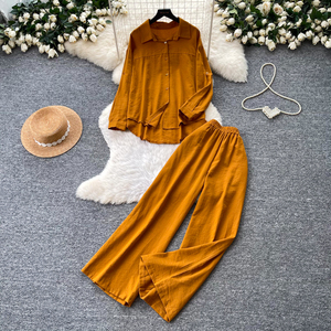 Completo Casual da <span class=keywords><strong>Donna</strong></span> in Due Pezzi: Camicia con Colletto e Bottoni a Maniche Lunghe, Pantaloni a Vita Alta Elasticizzata e Gamba Larga, per Uso Quotidiano Primavera-Autunno - Product Image 6