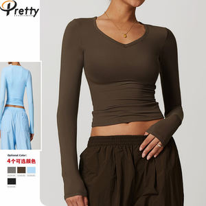 Automne brossé Slip Yoga hauts pour femmes à manches longues vêtements actifs Slim Fit haut court col en v serré Fitness t-shirts séchage rapide hauts - Product Image 1