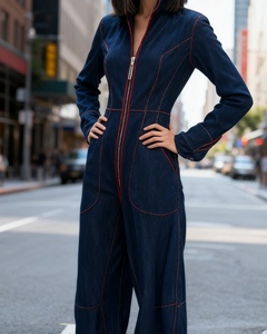 Combinaison décontractée pour femmes, nouvelle collection automne/hiver, coupe ajustée, col en V, grande taille, couleur unie, grande poche, tendance - Product Image 2