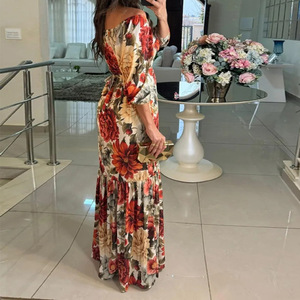 Vestido largo maxi con estampado floral de primavera, estilo europeo americano, elegante, con cuello en V, corte acampanado, para mujer, para uso diario y fiestas. - Product Image 2