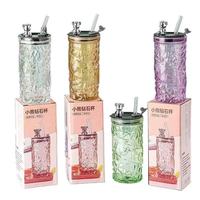 Kecolove Gobelet en verre réutilisable 350 ml, esthétique, sans BPA, anti-fuite, avec couvercle motif diamant et paille, pour boissons glacées à domicile