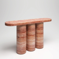 Table console en marbre travertin rouge Dream Home, plateau en forme de piste de course, base à triple cylindre, meuble d'entrée en pierre superposée