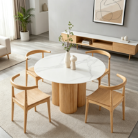 Ensemble de table à manger ronde moderne avec plateau en céramique et base en bois cannelé, chaises en bois massif à dossier incurvé, meubles pour la maison et les restaurants