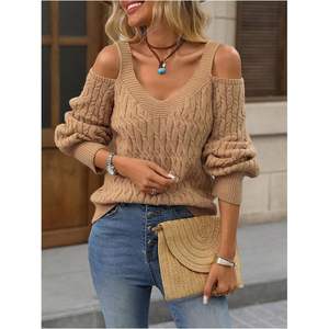 เสื้อสเวตเตอร์ไหมพรมถักลายเคเบิ้ลแบบเปิดไหล่สำหรับผู้หญิง คอวี แขนยาว สวมใส่สบายๆ สำหรับฤดูใบไม้ร่วง - Product Image 3