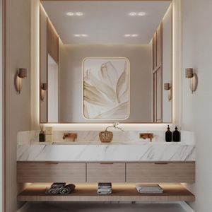Ensemble de meuble-lavabo de salle de bain moderne de luxe avec éclairage LED, finition laquée, flottant, mural, en MDF et PVC, avec lavabo et miroir - Product Image 4