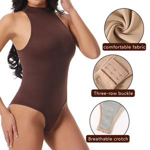 Body de yoga de punto acanalado con cuello alto para mujer, sin mangas, espalda cruzada, ajuste ceñido, prenda básica moldeadora para uso diario - Product Image 4