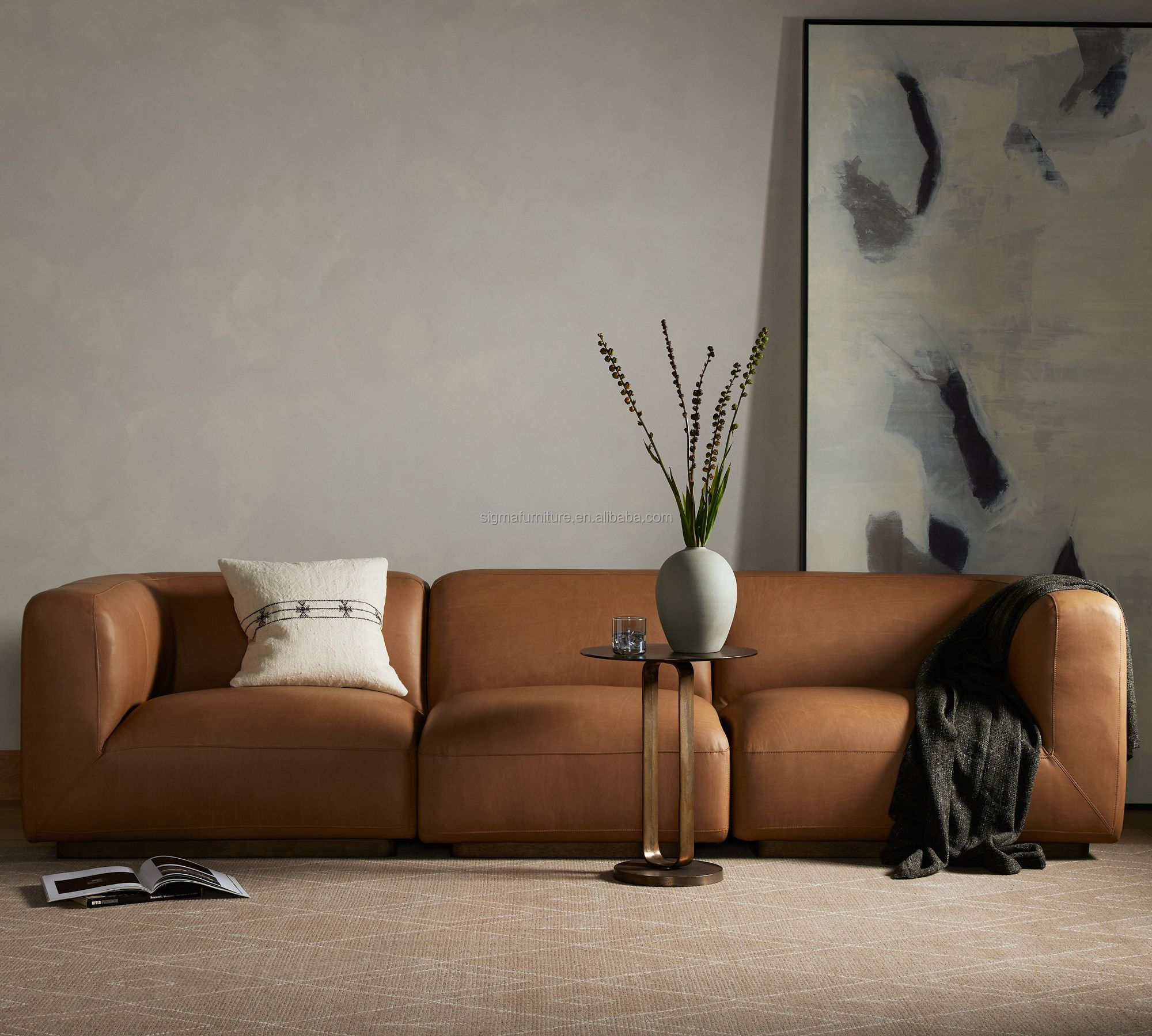 New Arrival Leather Square Arm 3-Piece Modular Sofa living room leather sectional sofa