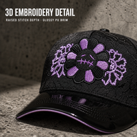 Casquettes de baseball en cuir PU avec broderie florale, visière incurvée et passepoil contrastant, unisexe, vente en gros, commande en gros, stock disponible, faible MOQ