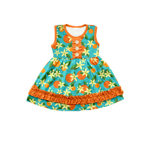 Robe sans manches pour petite fille en soie de lait, robe à volants imprimée avec boutons sur le devant, robe d'été douce en soie de lait pour enfants - Product Image 5