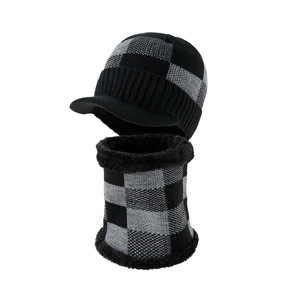 Ensemble bonnet et écharpe tricotés chauds pour l'hiver, motif à carreaux, doublure polaire, protection coupe-vent pour le cou, pour hommes adultes, 56-58 cm - Product Image 1