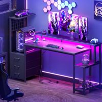 Bureau d'ordinateur de jeu SENYU avec éclairage LED, surface métallique, tiroirs de rangement, prises de courant, design industriel, noir, en forme de L