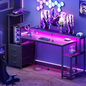 Bureau d'ordinateur de jeu SENYU avec éclairage LED, surface métallique, tiroir de rangement, bureau d'angle en forme de L noir - Product Image 1