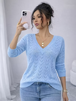 Pull en maille ajouré à col en V pour femme, manches longues, léger, en crochet ajouré, élégant, pour le printemps et l'automne