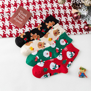 Chaussettes de Noël pour femmes, mi-mollet, motif dessin animé, Père Noël, renne, bonhomme de neige, mignonnes, rouge vif, en coton respirant - Product Image 3