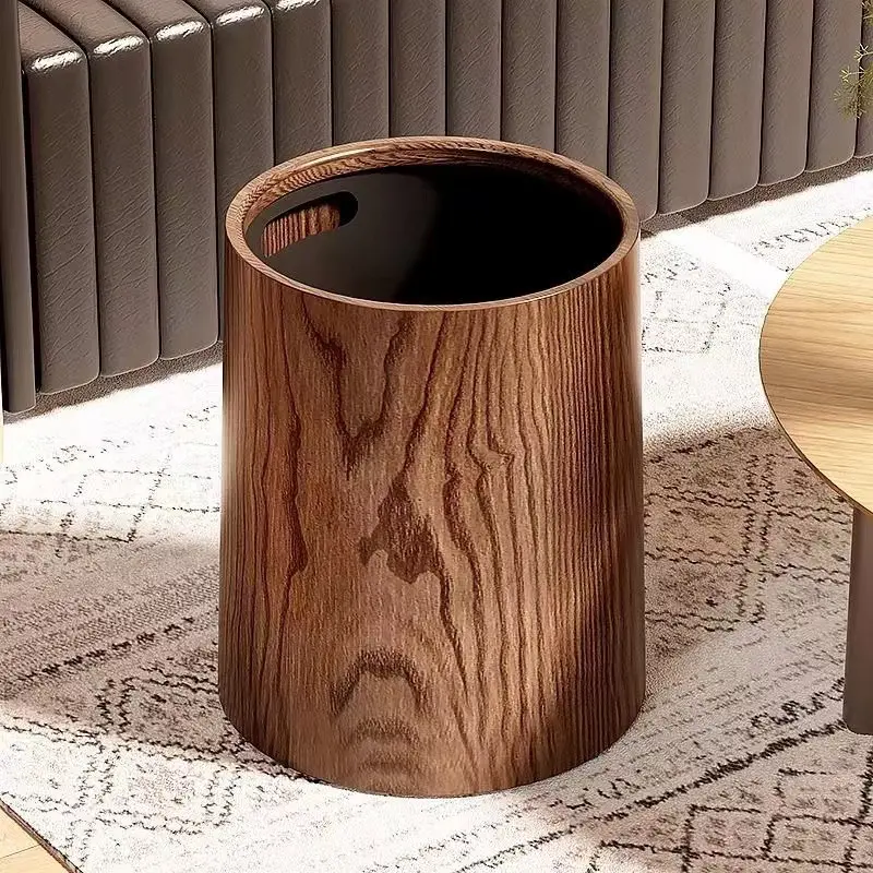 Brown Wood Grain Plastic Trash Can Simulation Wood Rustic Waste Basket Decorative Garbage Can
