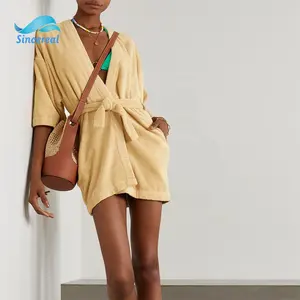 Custom Pure color custom short-sleeve casual drawstring cotton terry towel cloth women beach bikini robe