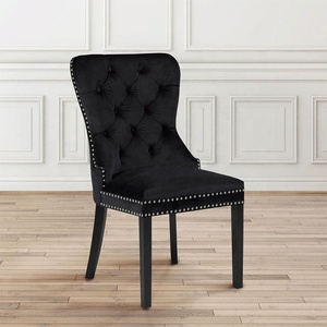 <span class=keywords><strong>Sedie</strong></span> da Pranzo Eleganti di Lusso in Velluto Nero con Gambe in Legno Massello Laccato Nero e Dettagli in Ottone Dorato, Stile Francese - Product Image 3