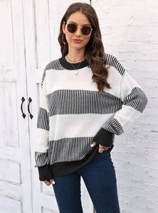 Popular Casual Female Acrylic Winter Sweater Black and White Striped <strong>Patchwork</strong> Design Color Block Pullover Sweaters Knit <strong>Tops</strong> - Product Image 3