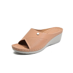 Elegant Open Toe Wedge <b>Sandals</b> Genuine Leather Breathable Slip-On Low Heel Summer Women Shoes Drop Shipping - Product Image 5