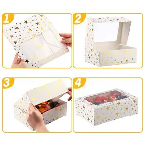 Gold Star Print Clear Window Bakery <b>Gift</b> <b>Boxes</b>, White Paper Cupcake Cookie Dessert <b>Boxes</b>, Wedding Birthday Party Favor Treat - Product Image 3
